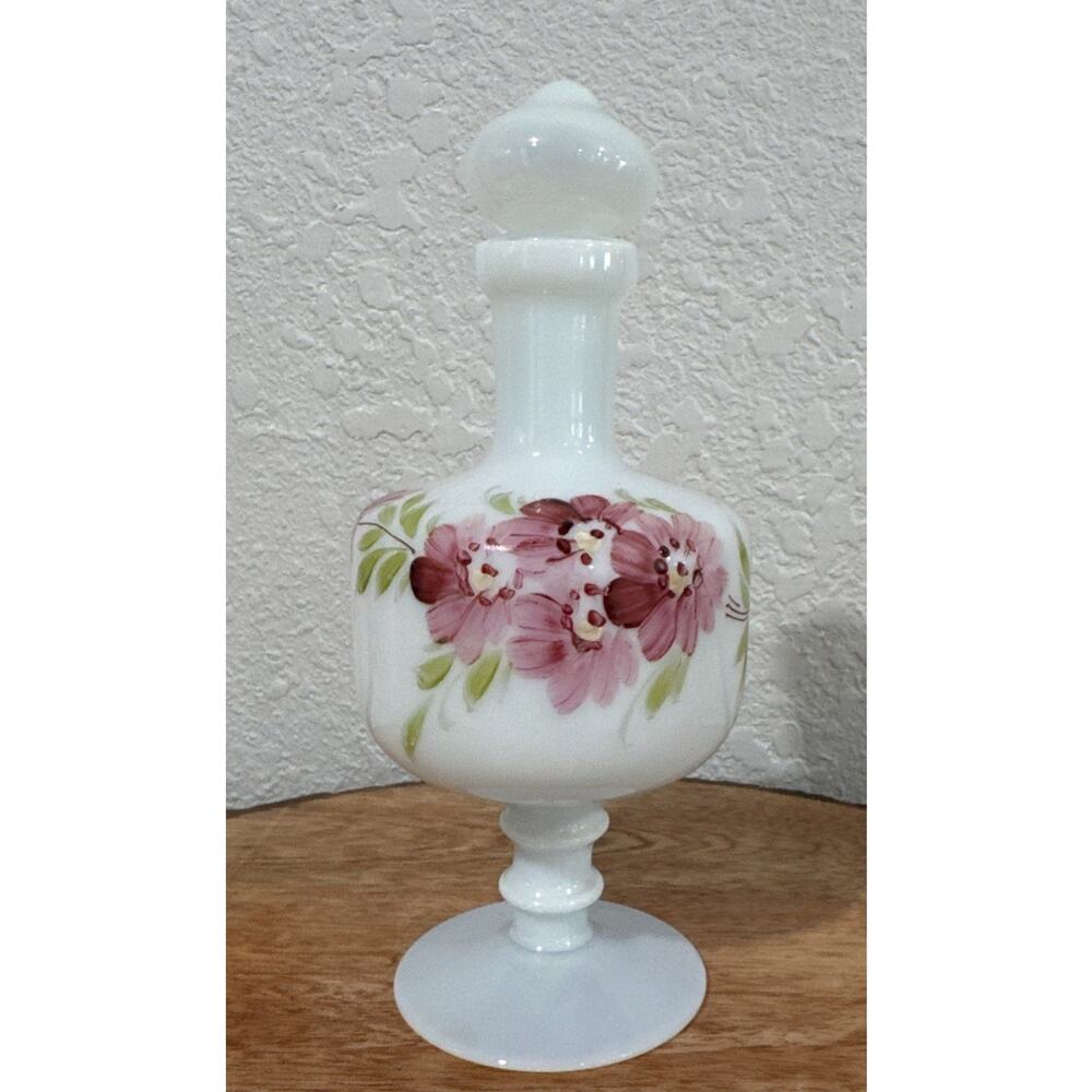 VTG Milk Glass Hand Painted Flowers Perfume Bottle W/Stopper 8" Signed Victorian